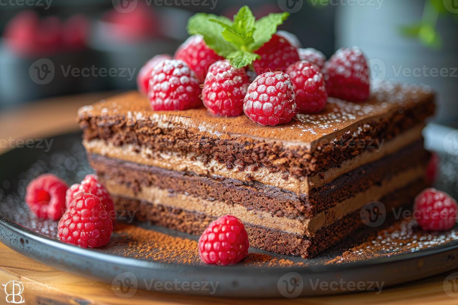 Chocolate Cake with Raspberry Garnish and Powdered Sugar photo