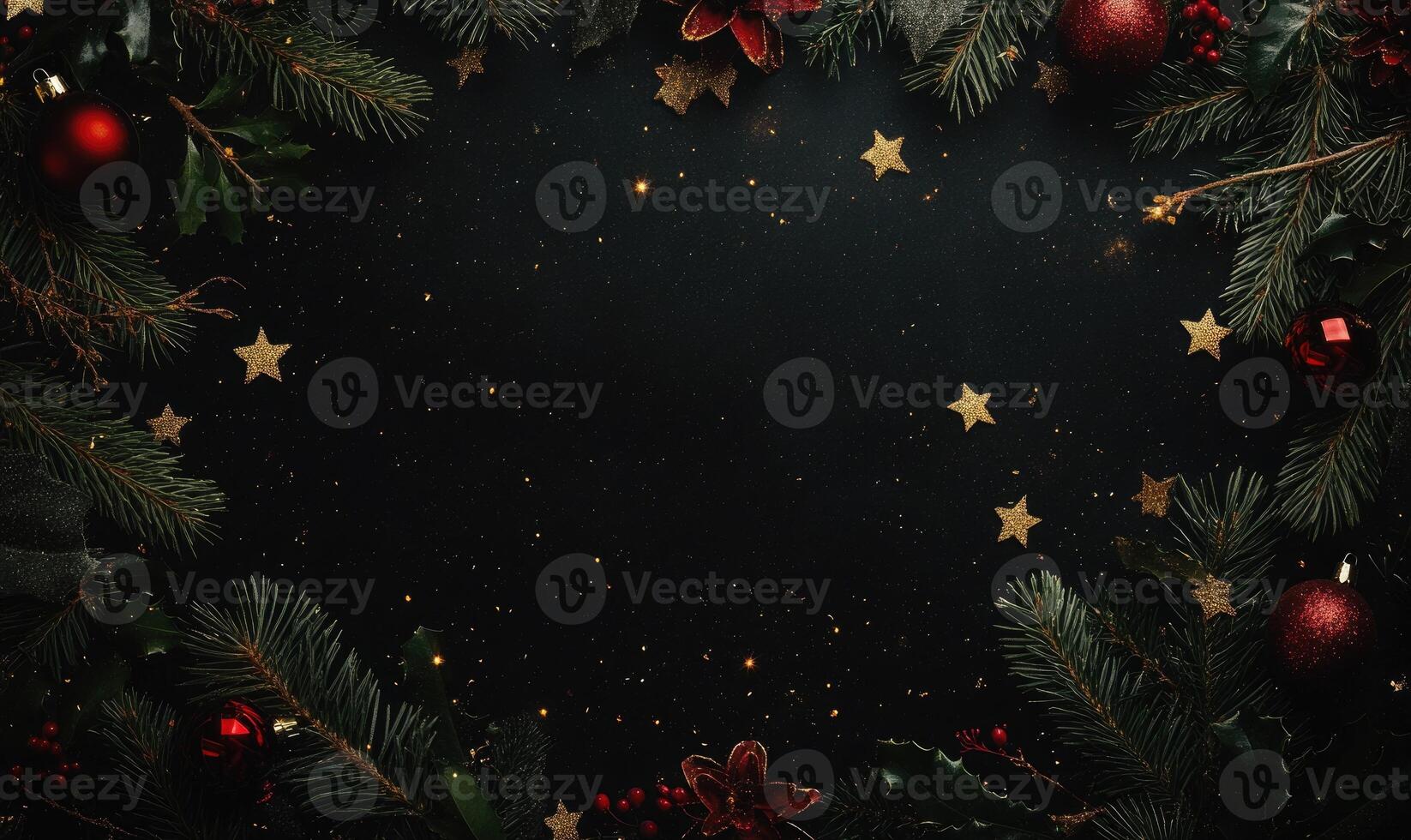 A black background with a Christmas tree and red and gold decorations photo
