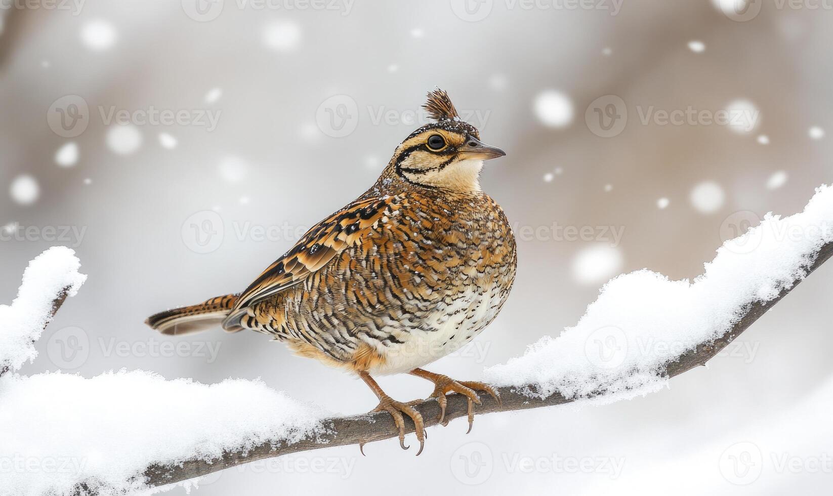 A bird with a brown head and white body is standing on a branch covered in snow photo