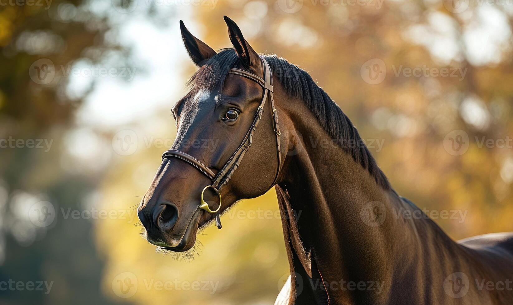 A brown horse with a bridle on its head photo