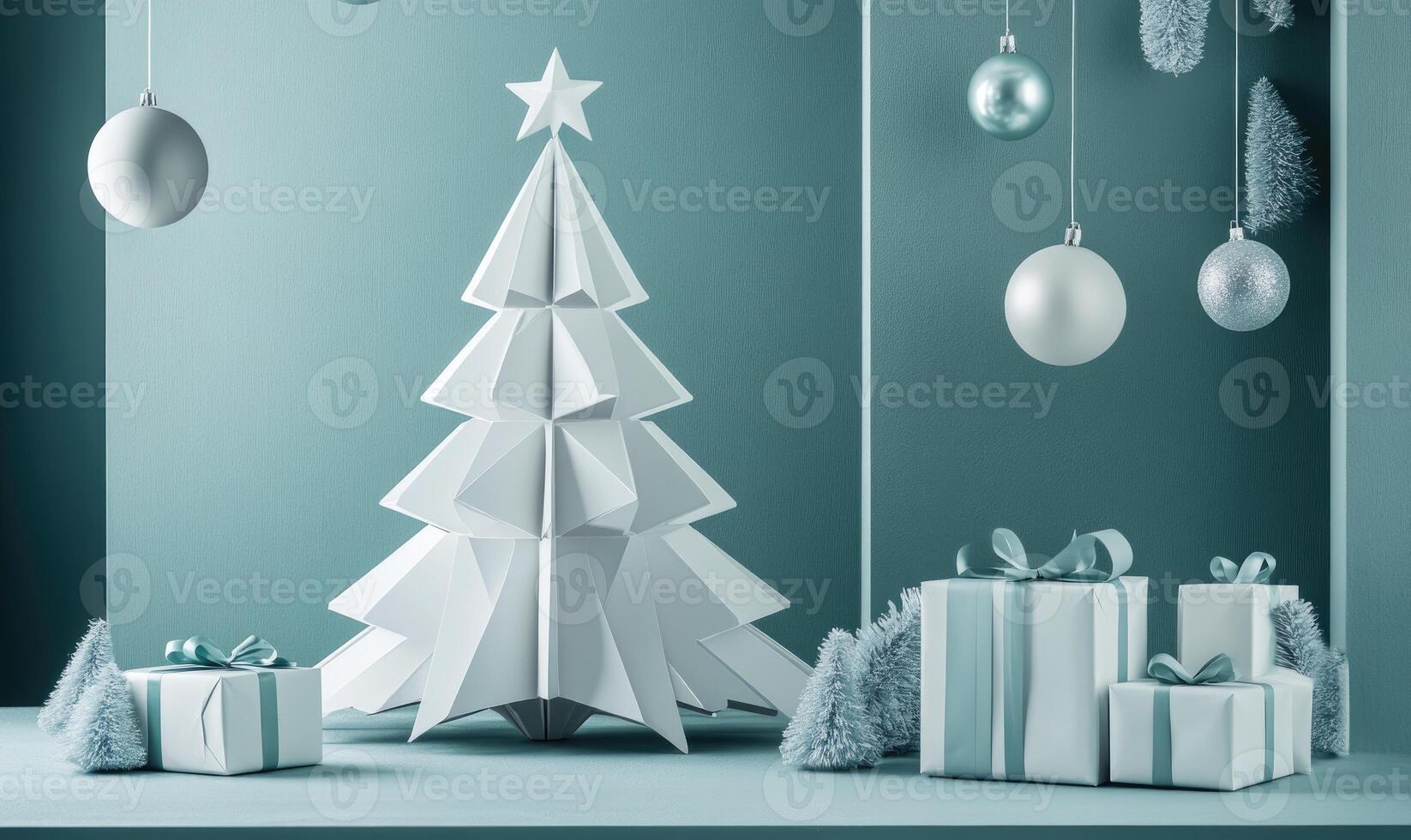 A white paper tree is on a table with a bunch of Christmas decorations photo