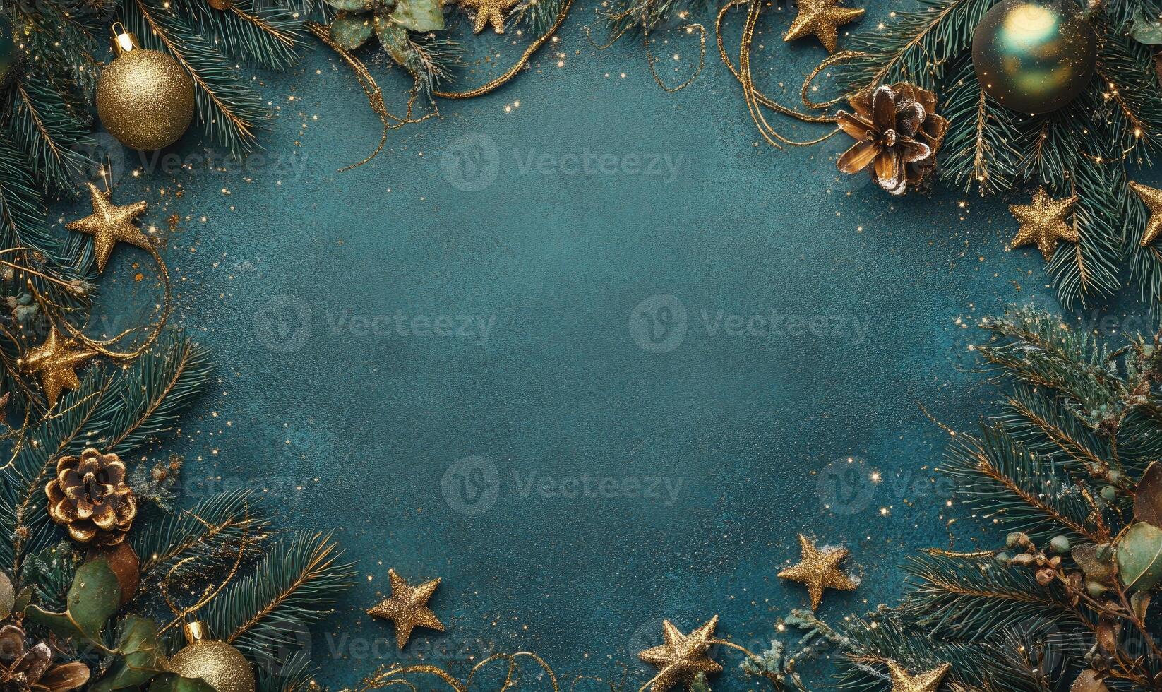 A blue background with gold stars and pine cones photo