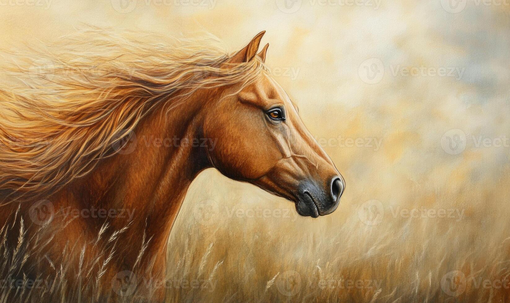 A painting of a brown horse with a long mane photo