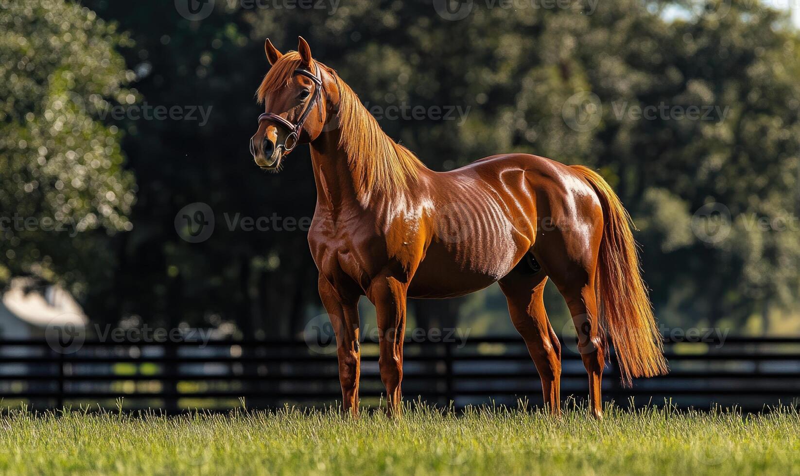 A brown horse standing in a field photo