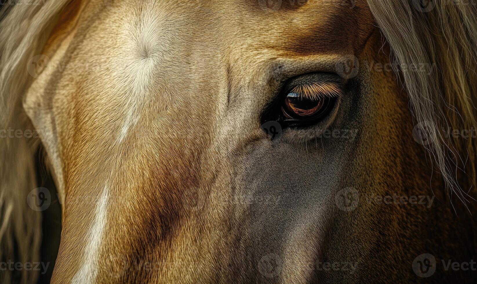 A horse's eye is shown in a close up photo