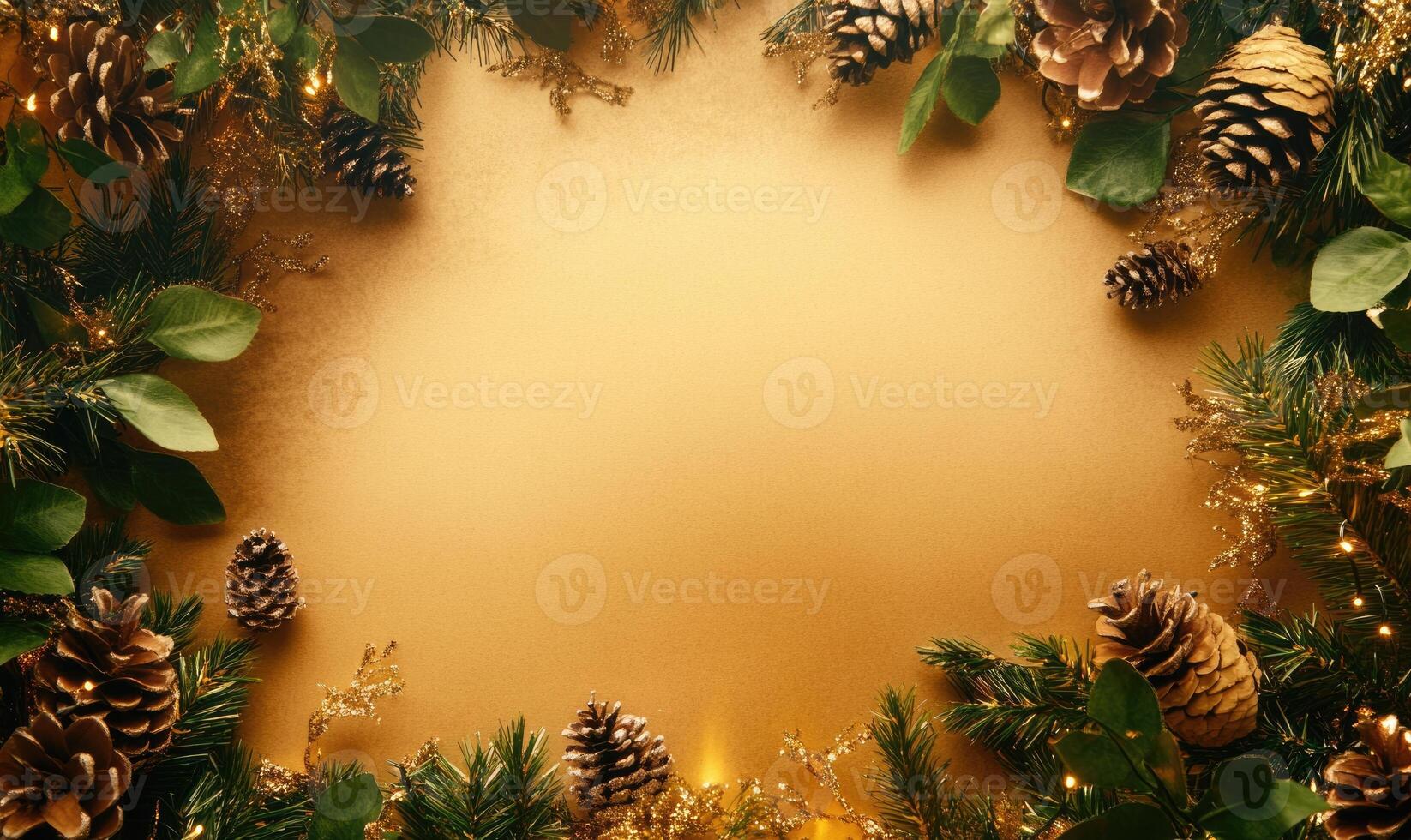 A gold background with a frame of pine cones photo