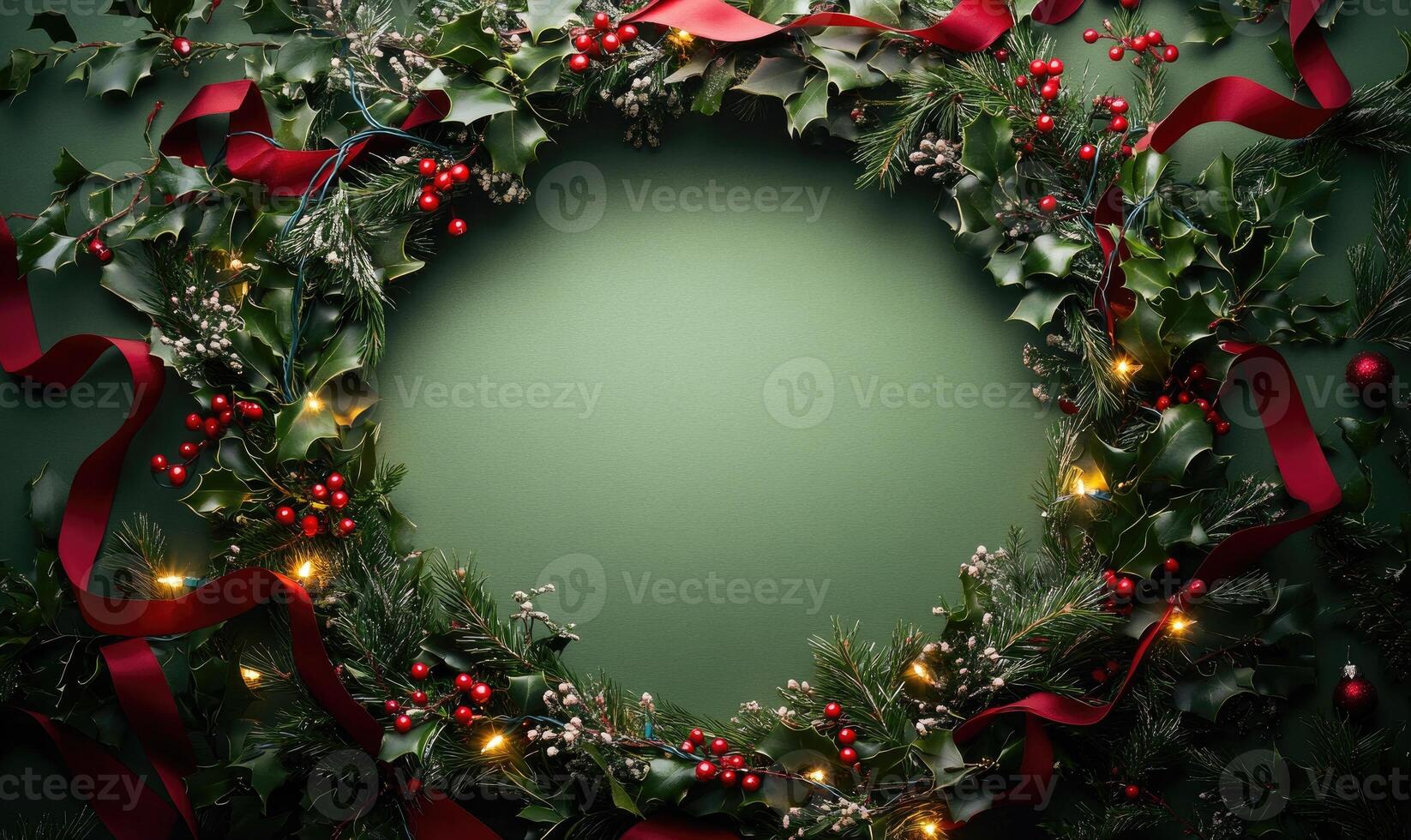 A wreath of evergreen branches with red ribbon photo