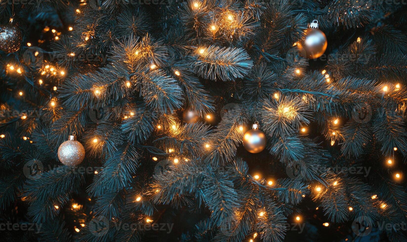 A tree with lights on it and a gold ornament hanging from it photo