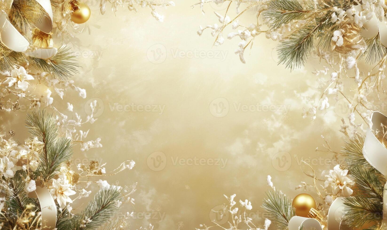 A white background with a gold border and a gold and white Christmas tree photo