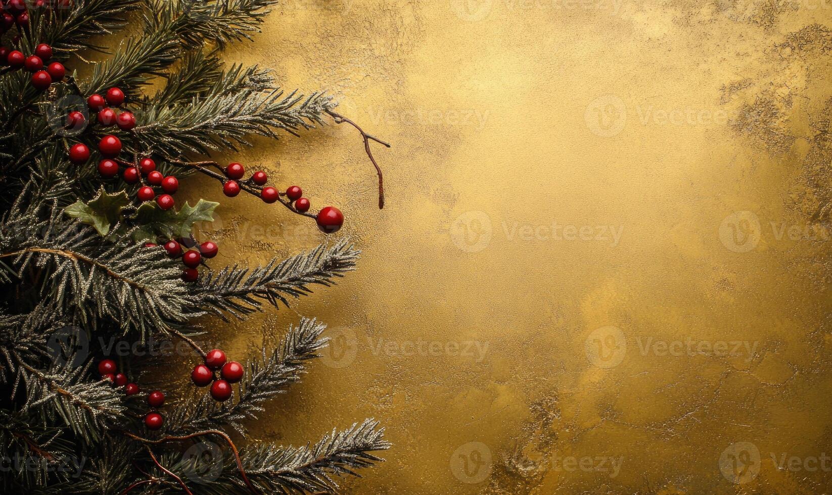 A Christmas tree with red berries and a gold background photo