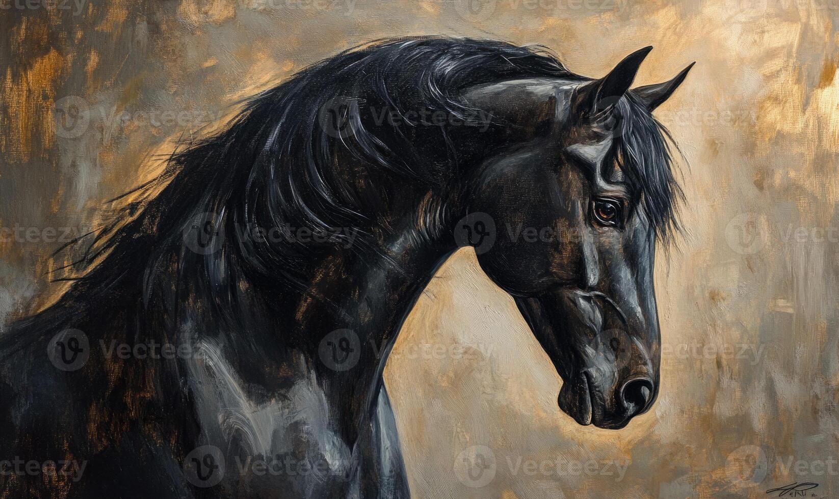 A black horse with a brown mane and tail photo