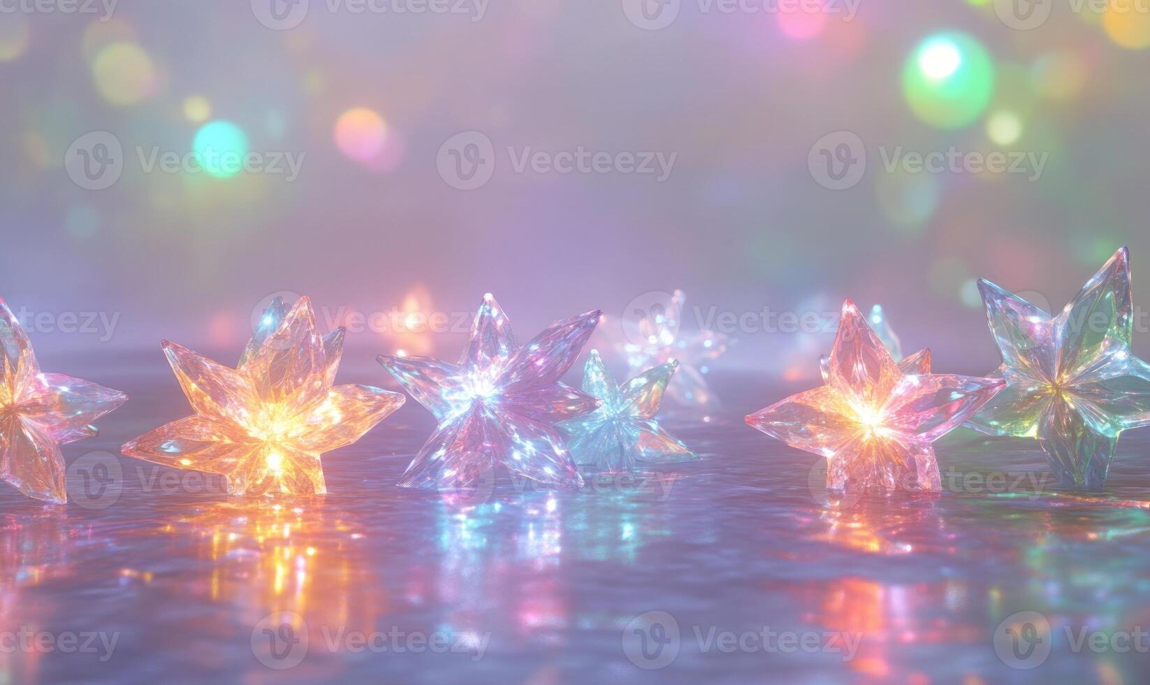 A group of colorful stars are floating in the water photo