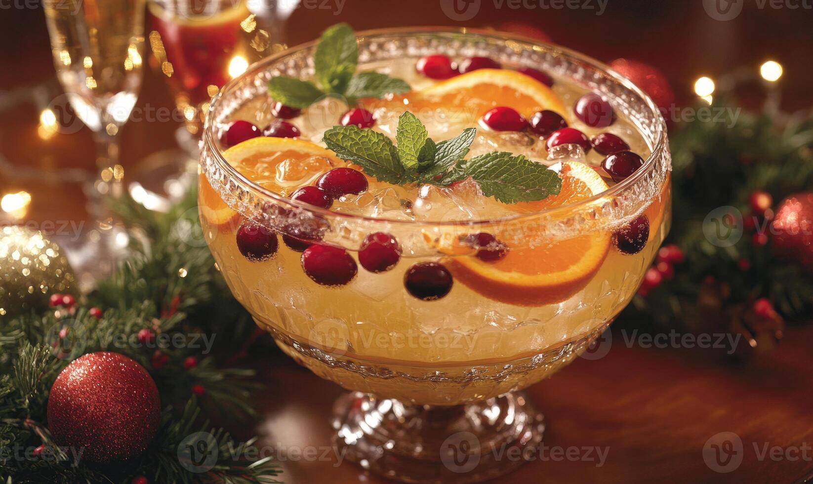 A large bowl of fruit punch with cranberries and oranges photo