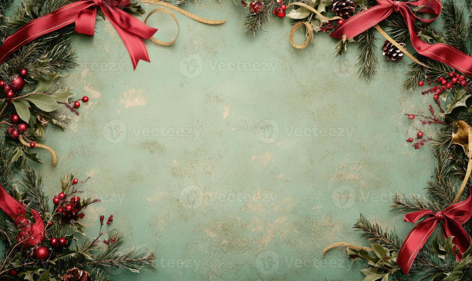 A green background with red bows and berries photo