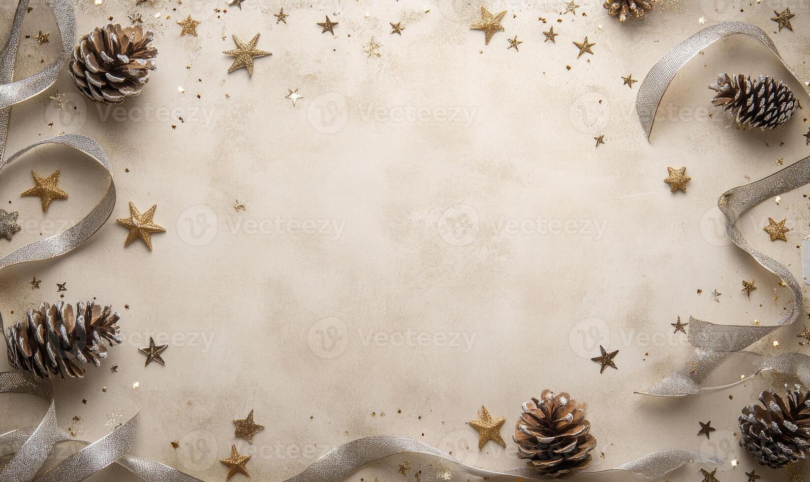 A white background with a ribbon and a bunch of pine cones and stars photo