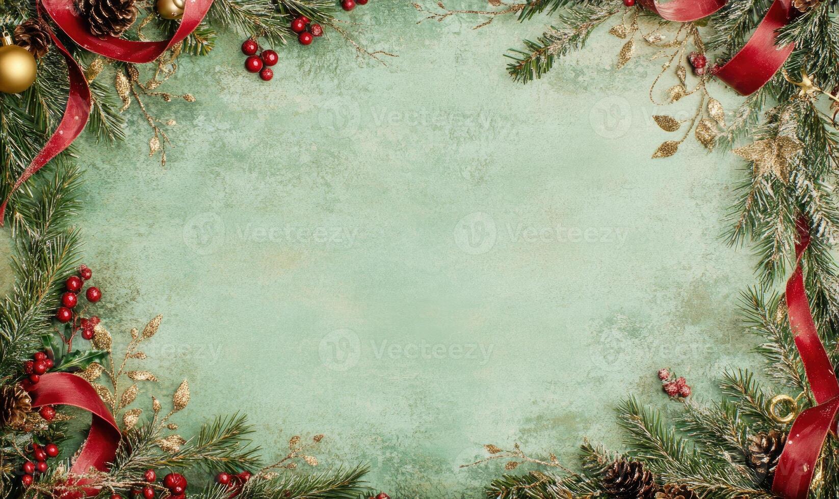 A green background with red ribbon and red berries photo