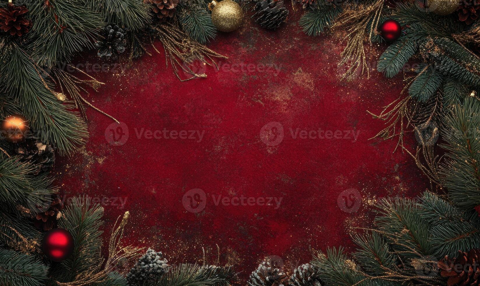 A red background with a frame of green leaves and gold ornaments photo