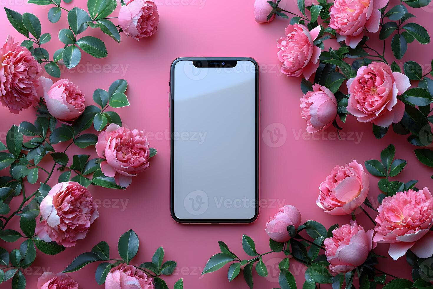 Modern Smartphone with Pink Blooms - Perfect for Spring Design and Tech photo
