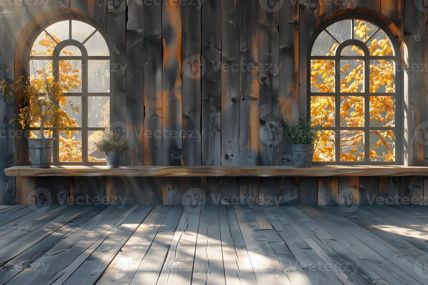 Rustic Interior with Autumn Foliage Through Arched Windows for Cozy Home Decor photo