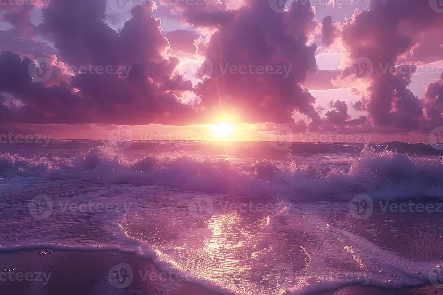 Breathtaking Ocean Sunset with Dramatic Clouds and Reflective Waves for Landscape Photography photo