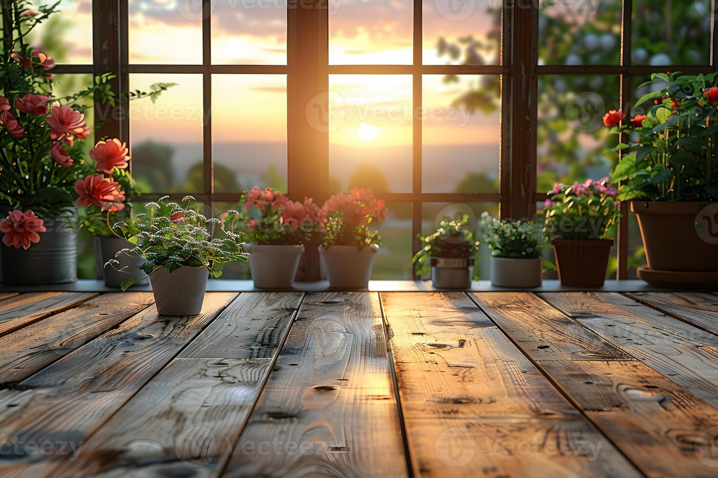 Serene Sunset View Through Window with Vibrant Potted Flowers - Peaceful Home Decor Inspiration photo