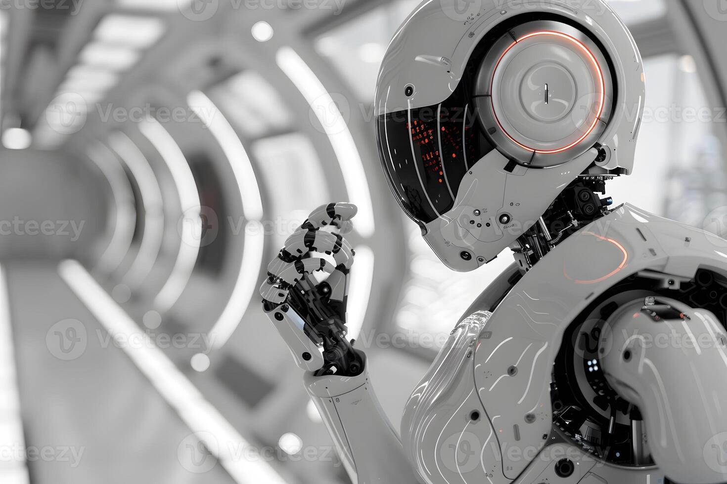 Futuristic Robot in Advanced Space Station Corridor for Sci-Fi and Technology Themes photo