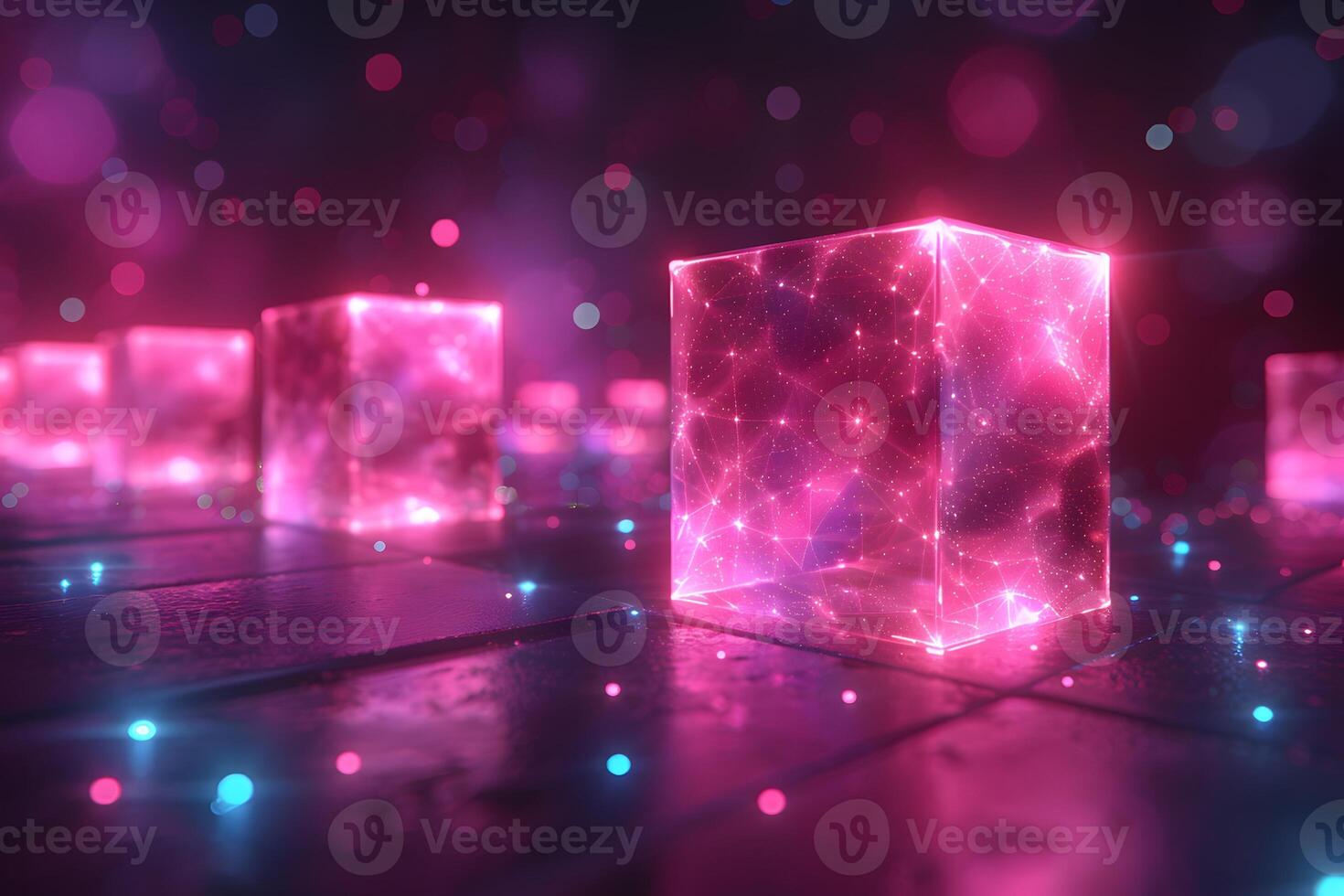 Futuristic Neon Cubes with Abstract Lights and Reflections in Digital Art Design photo