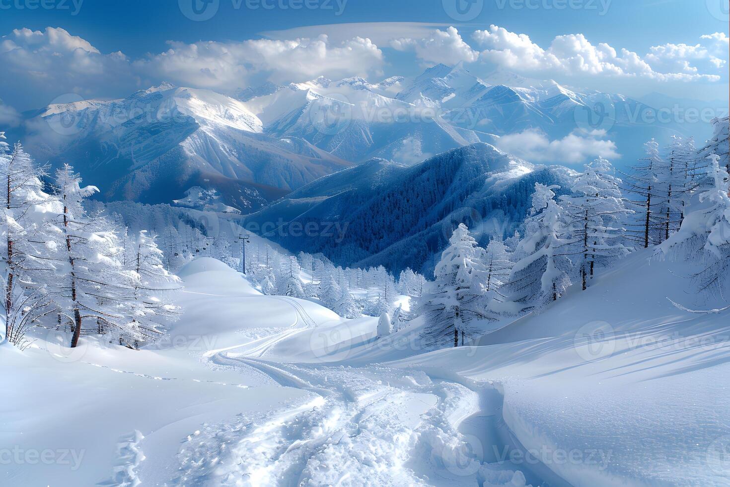 Winter Wonderland Majestic Snow-Covered Mountains and Frosted Trees photo