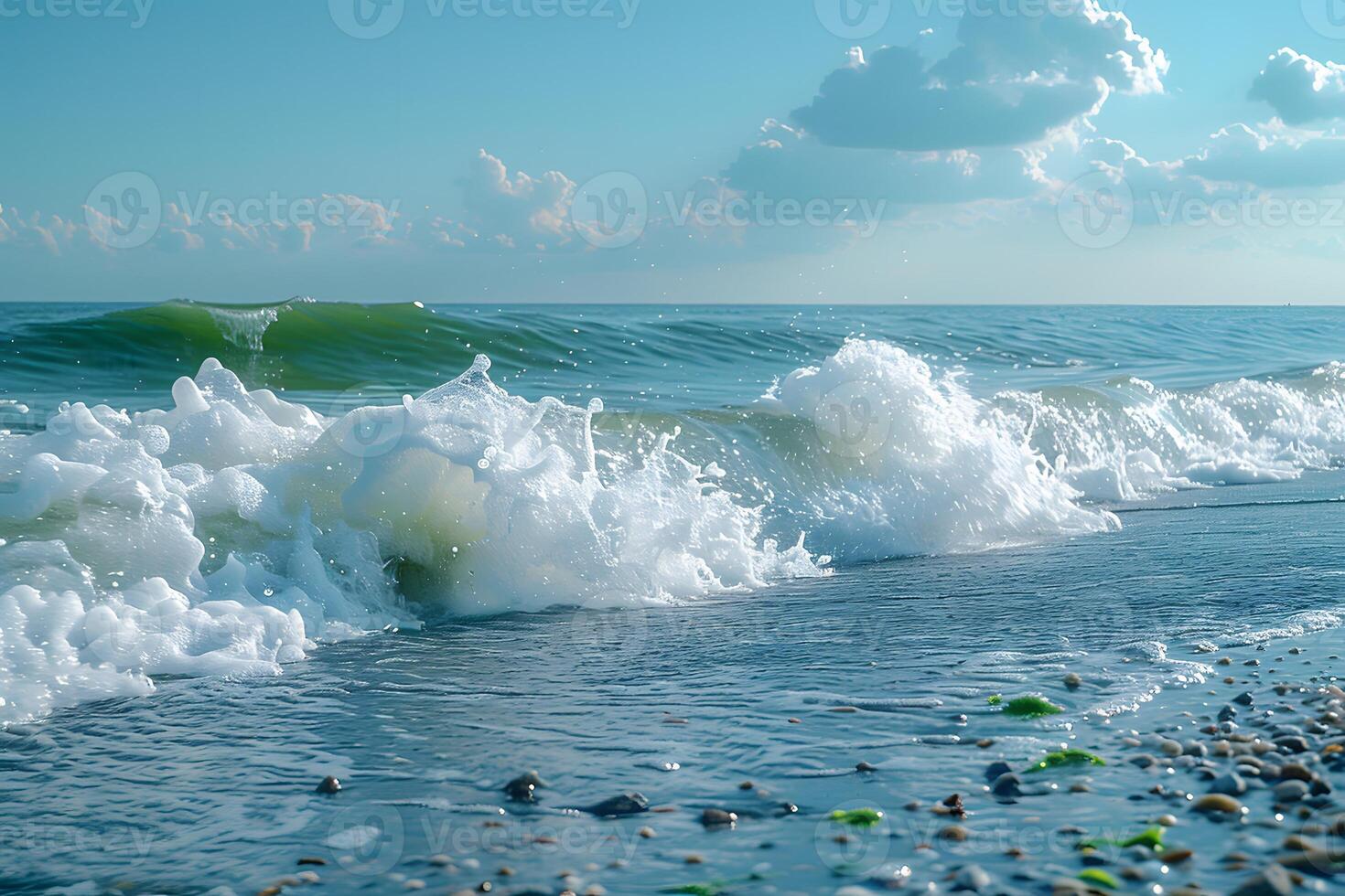 Serene Ocean Waves on Rocky Shore at Sunset for Relaxation Themes photo