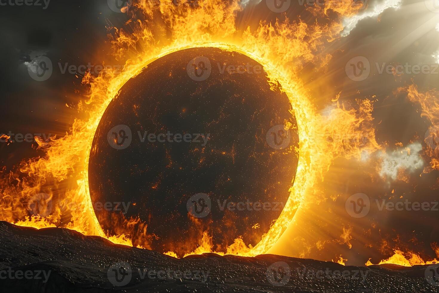 Fiery Solar Eclipse Dramatic Cosmic Phenomenon in Dark Skies photo