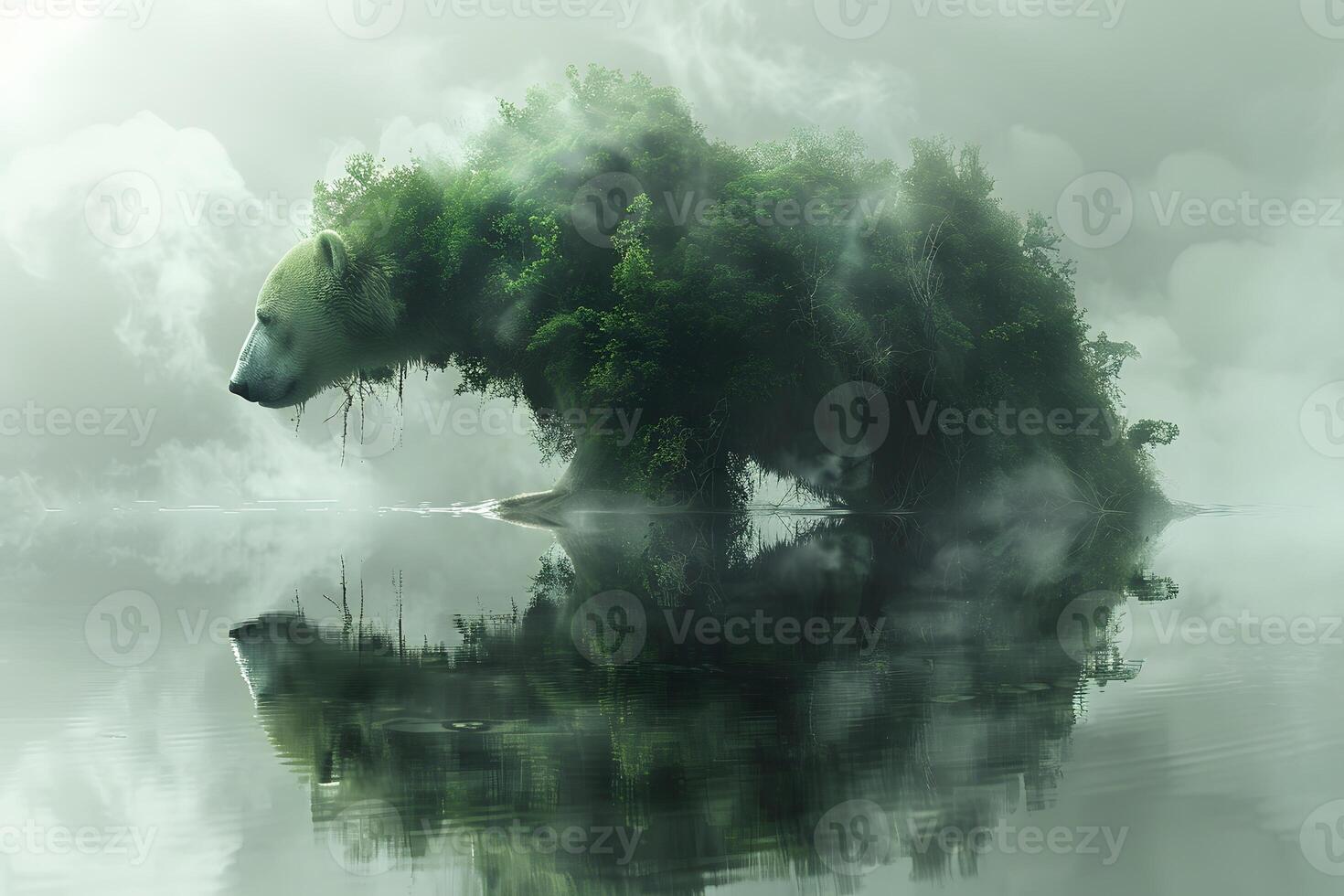 Nature's Harmony Surreal Polar Bear Forest Reflection Scene for Creative Design photo