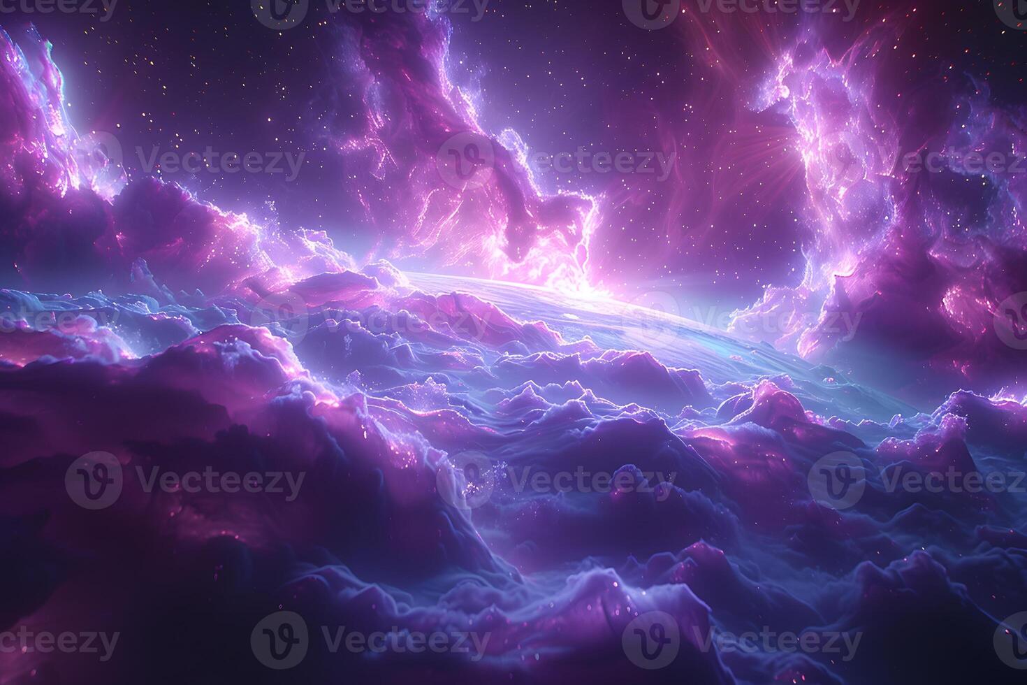 Ethereal Cosmic Landscape with Vivid Nebula Clouds and Starry Sky photo