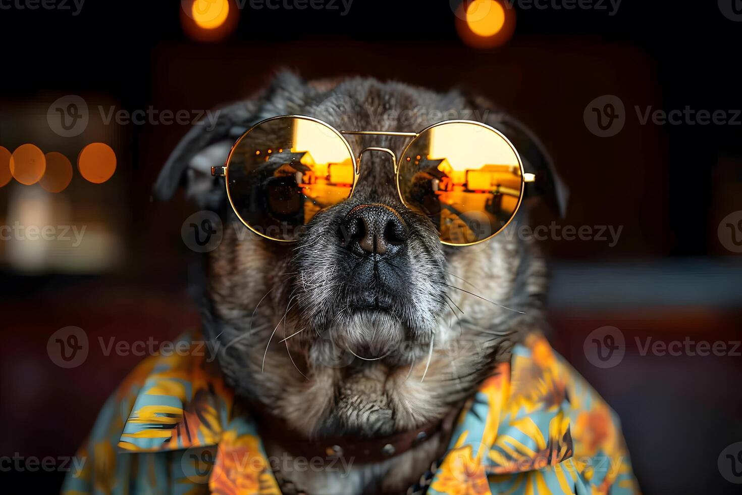 Stylish Dog in Sunglasses and Hawaiian Shirt Exudes Cool Summer Vibes photo