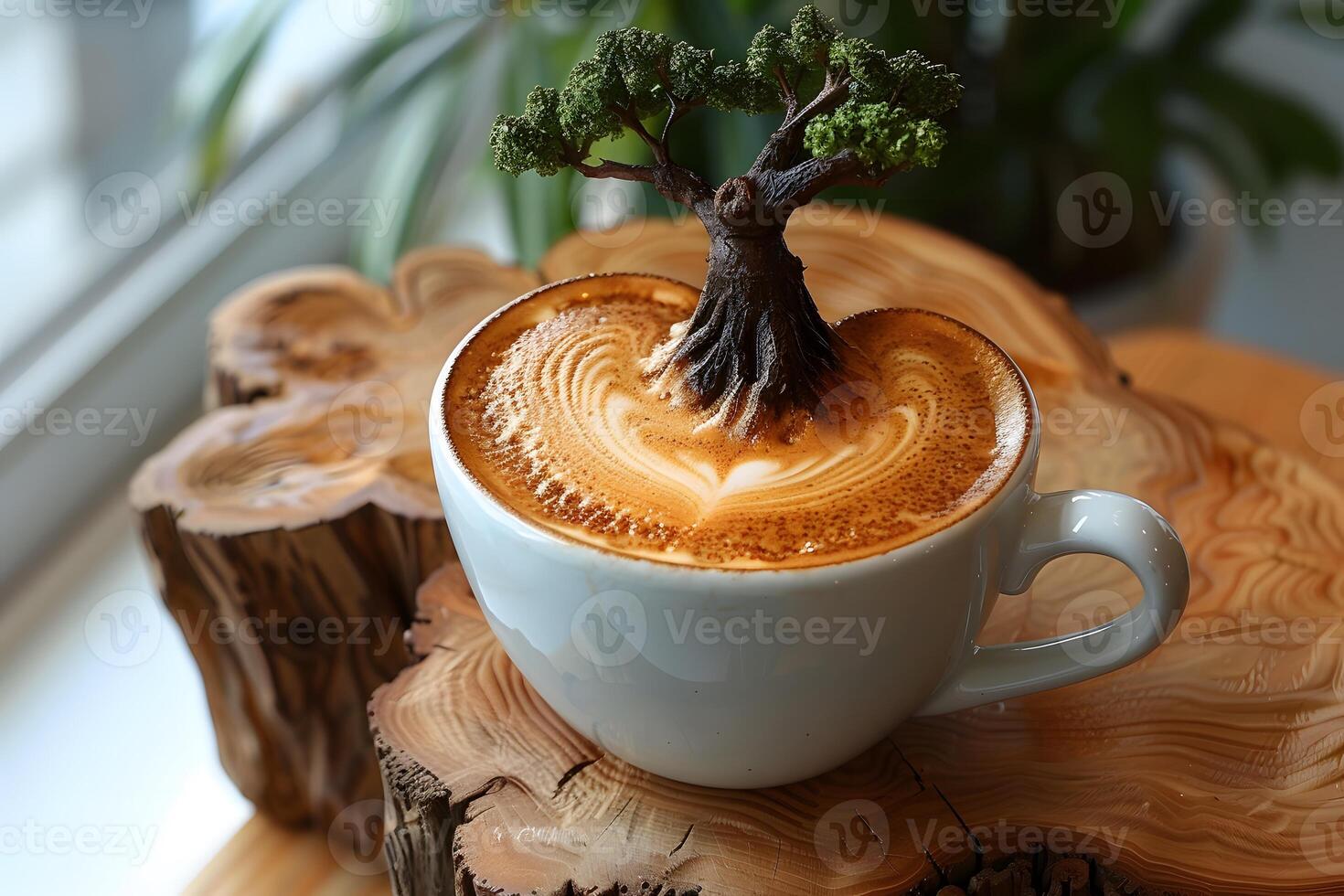 Creative Latte Art with Bonsai Tree Design on Wooden Table for Coffee Enthusiasts photo