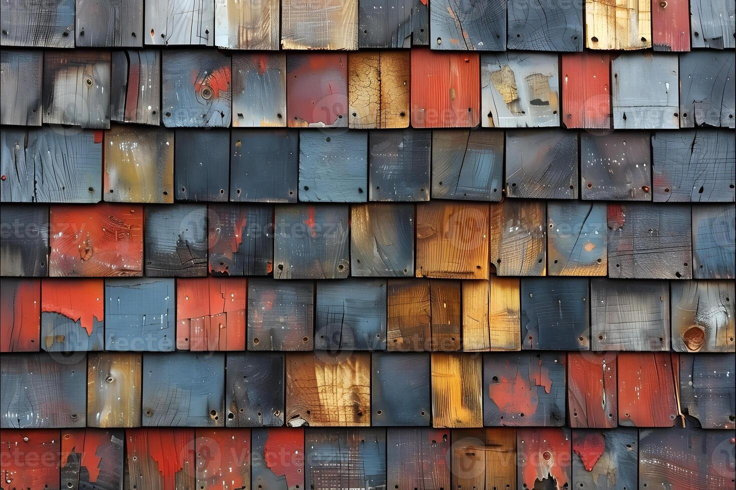 Abstract Colorful Pattern of Weathered Wooden Shingles in Vibrant Hues photo