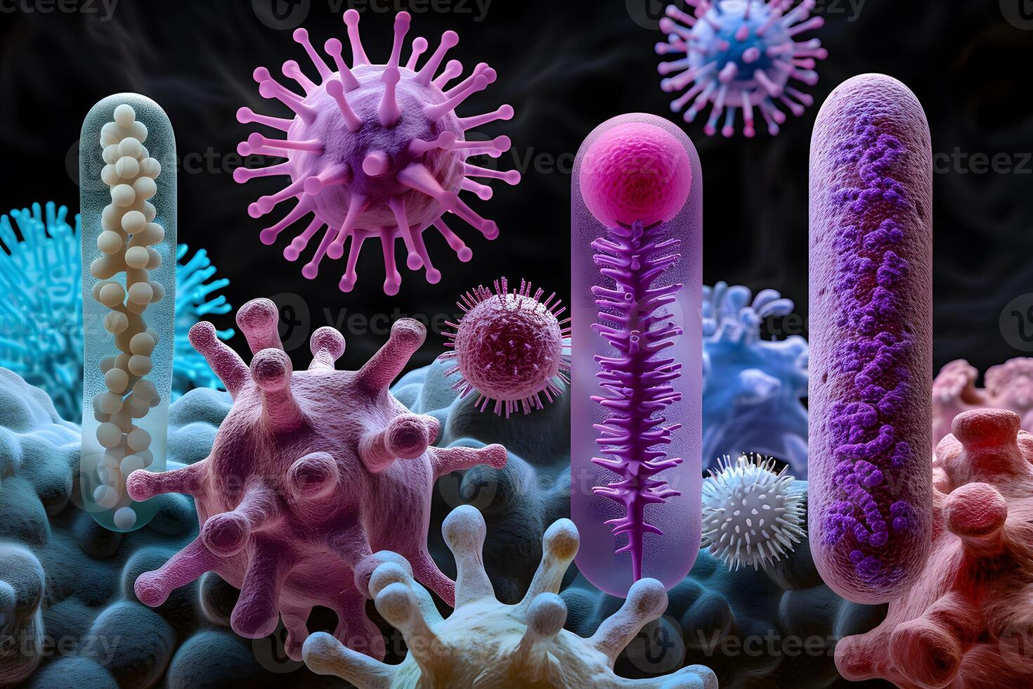 Colorful 3D Visualization of Viruses and Bacteria in Scientific Illustration for Educational and Research Purposes photo