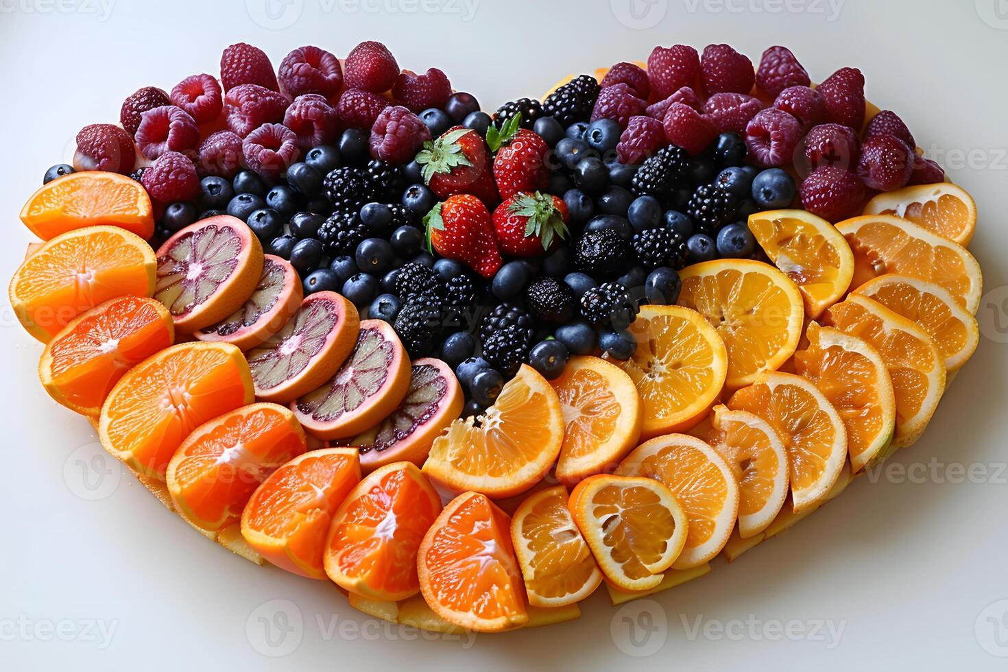 Heart-Shaped Fruit Arrangement with Oranges, Berries, and Citrus for Healthy Lifestyle Concept photo