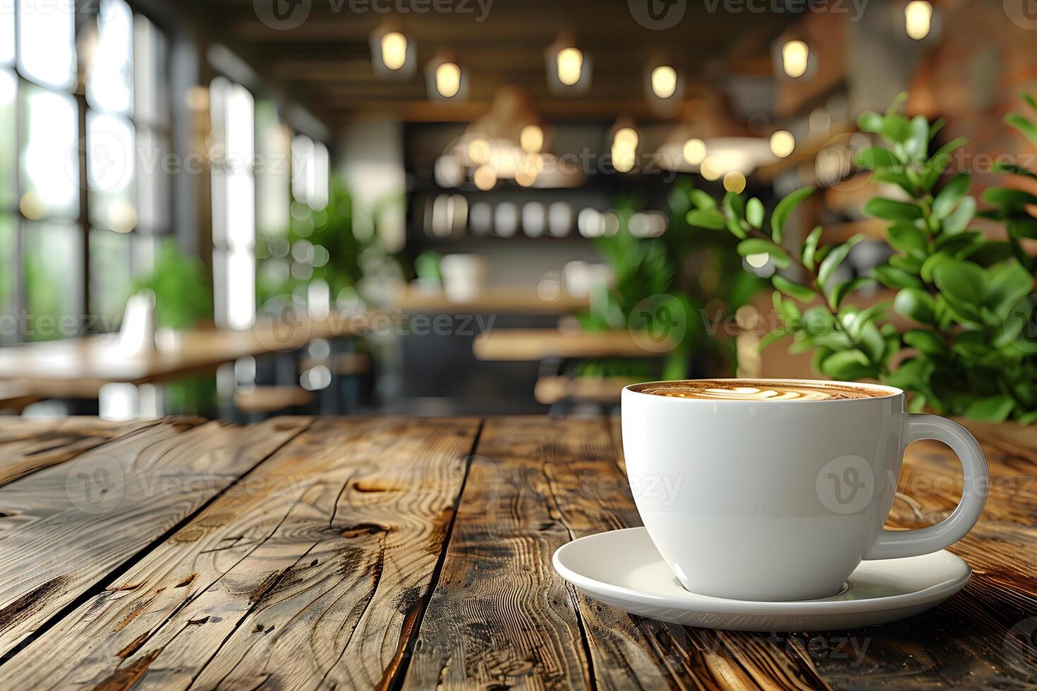 Cozy Cafe Ambiance with Cappuccino on Rustic Wooden Table for Relaxation and Design Inspiration photo
