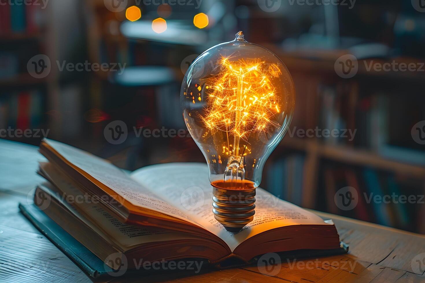 Illuminated Light Bulb on Open Book in Cozy Library Setting photo