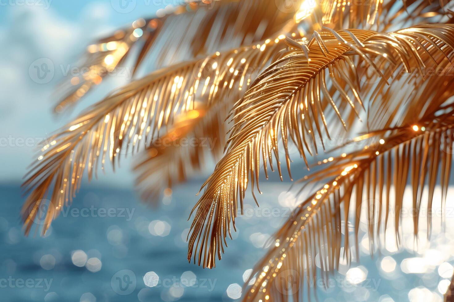 Golden Palm Leaves Shimmering by the Ocean Tropical Paradise Summer Design photo