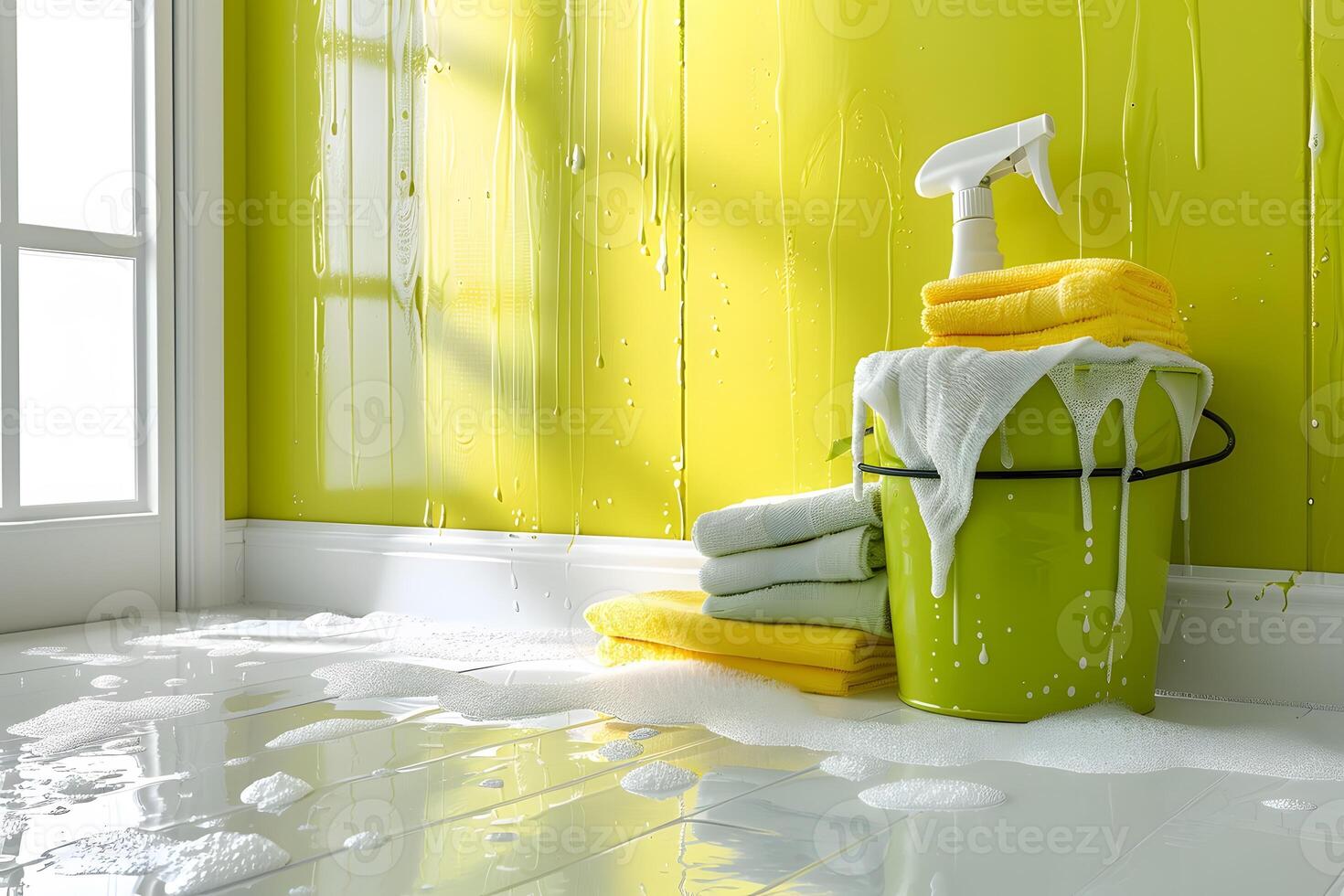 Bright Summer-Inspired Cleaning Scene with Colorful Towels and Supplies for Home Hygiene and Maintenance photo