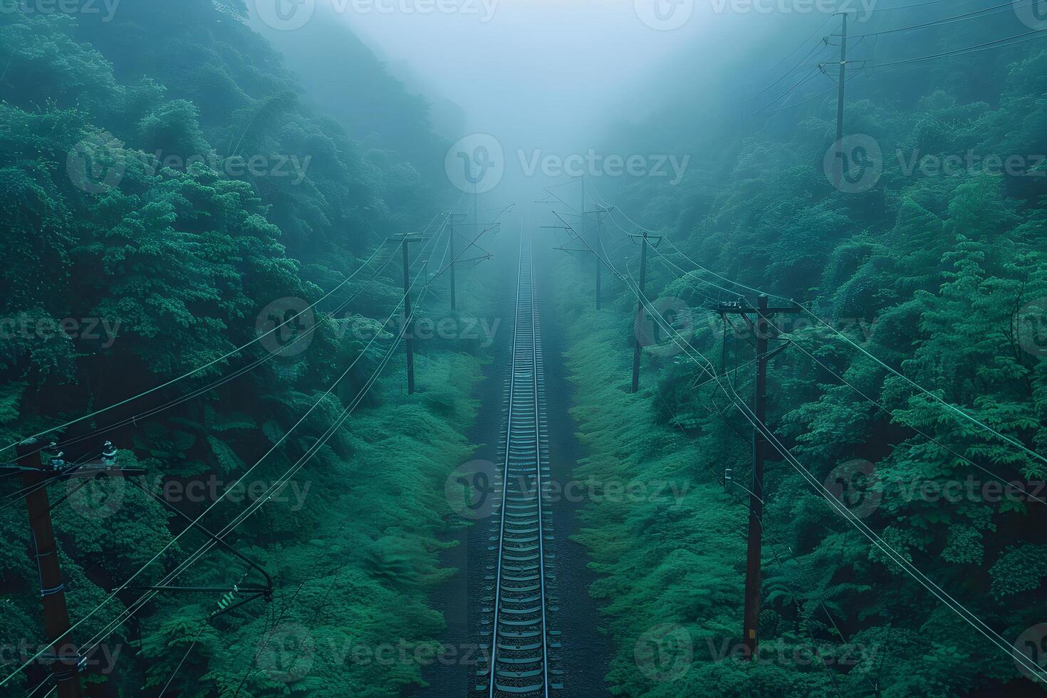 Serene Foggy Railway Amidst Lush Greenery for Tranquil Travel Themes photo