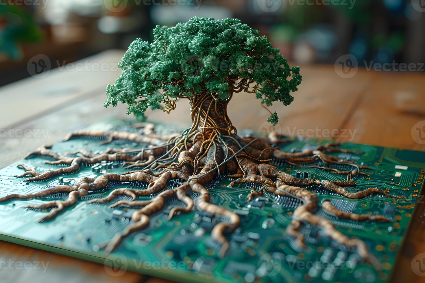 Fusion of Nature and Technology Bonsai Tree on Circuit Board for Sustainability Concepts photo