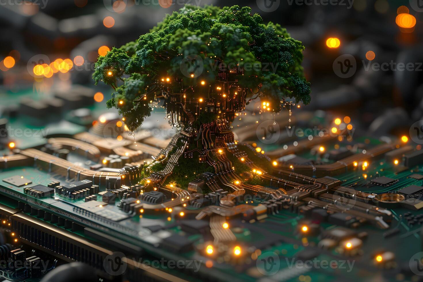 Futuristic Technology Concept Tree of Life on Electronic Circuit Board for Innovation and Eco-Friendly Design photo