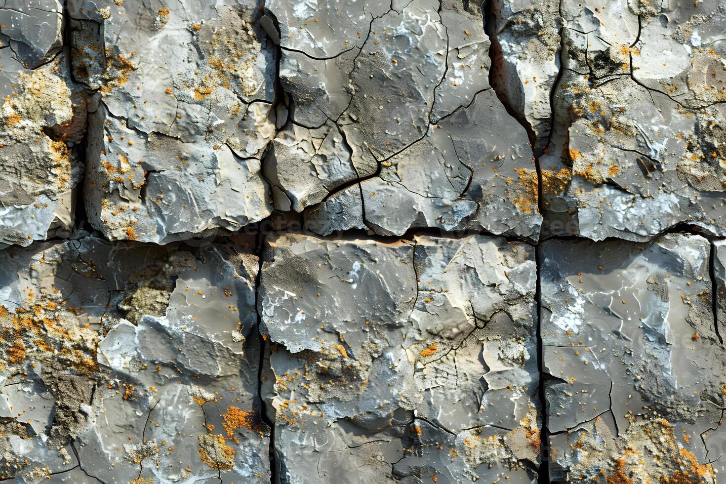 Cracked Earth Texture with Weathered Stone and Lichen for Background Design photo