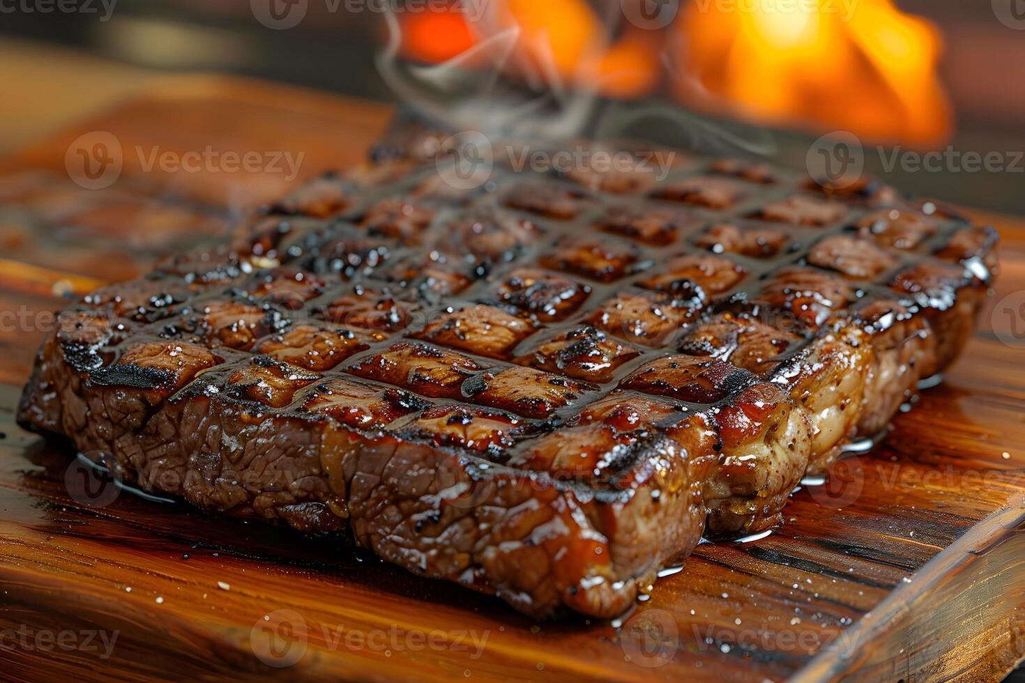 Juicy Grilled Steak on Wooden Board with Flames in Background Perfect for BBQ Themes and Culinary Designs photo
