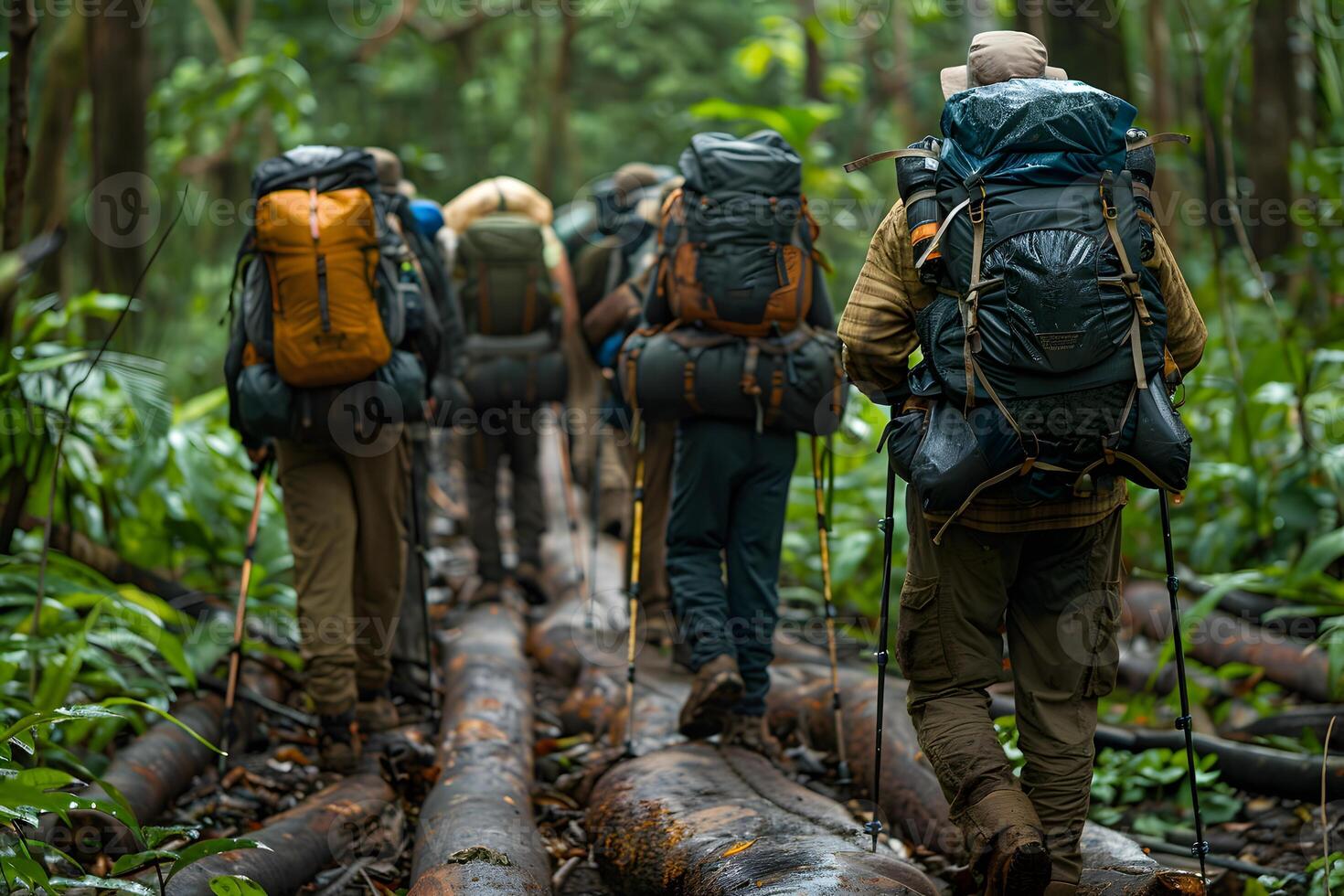 Adventure Trekking Expedition in Dense Jungle with Backpackers on a Trail photo