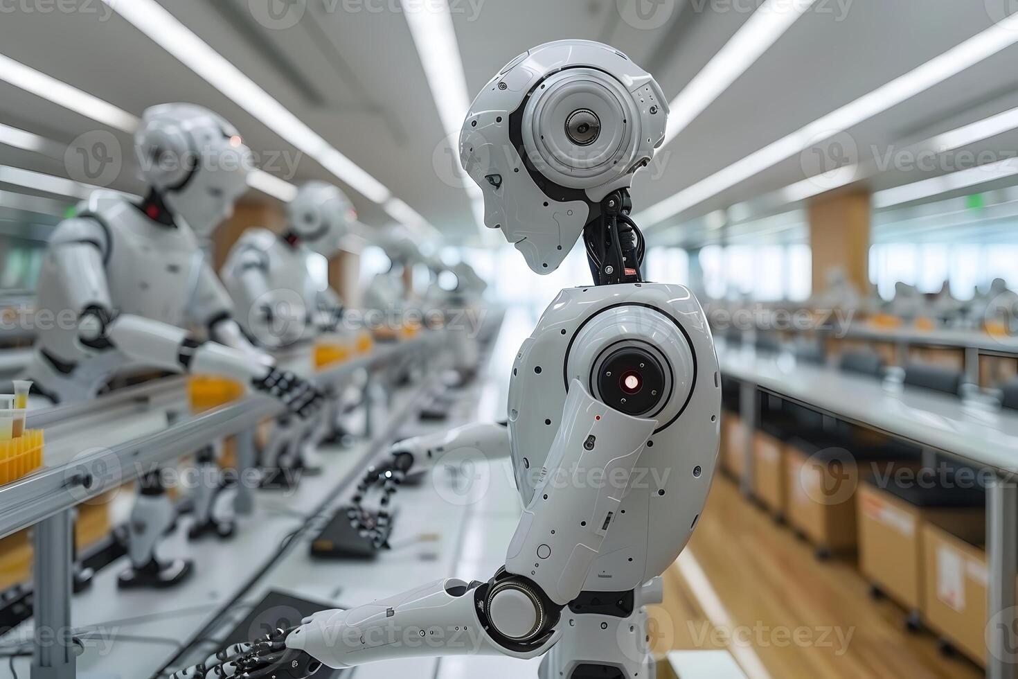Futuristic Robotics Laboratory with Advanced AI Robots Working in Synchrony photo