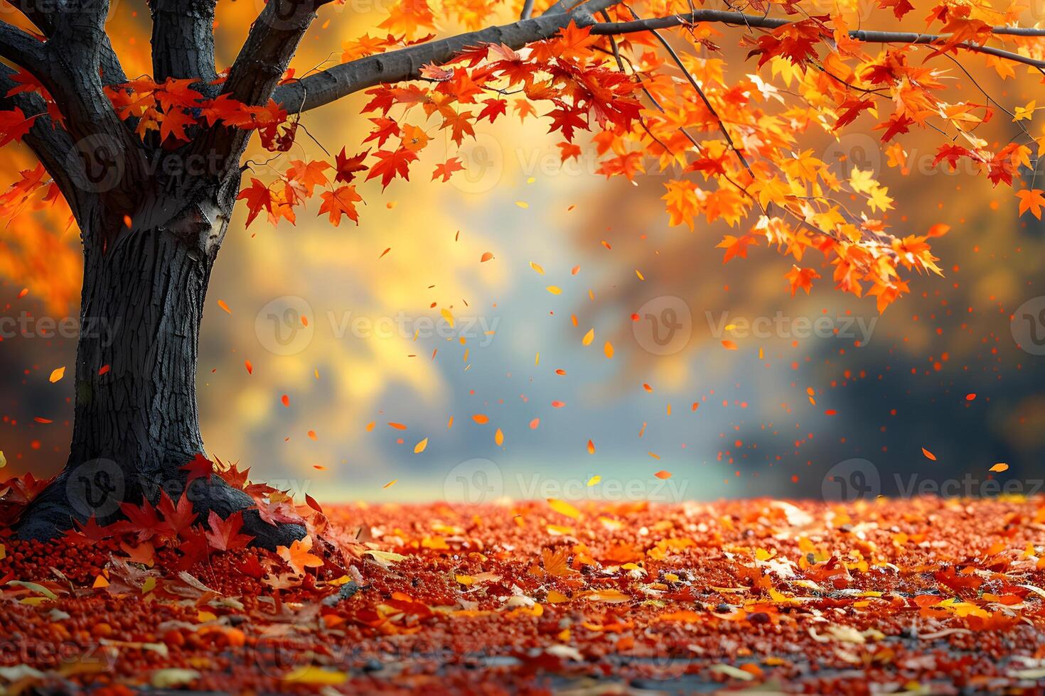 Vibrant Autumn Foliage and Falling Leaves in a Tranquil Forest Landscape photo