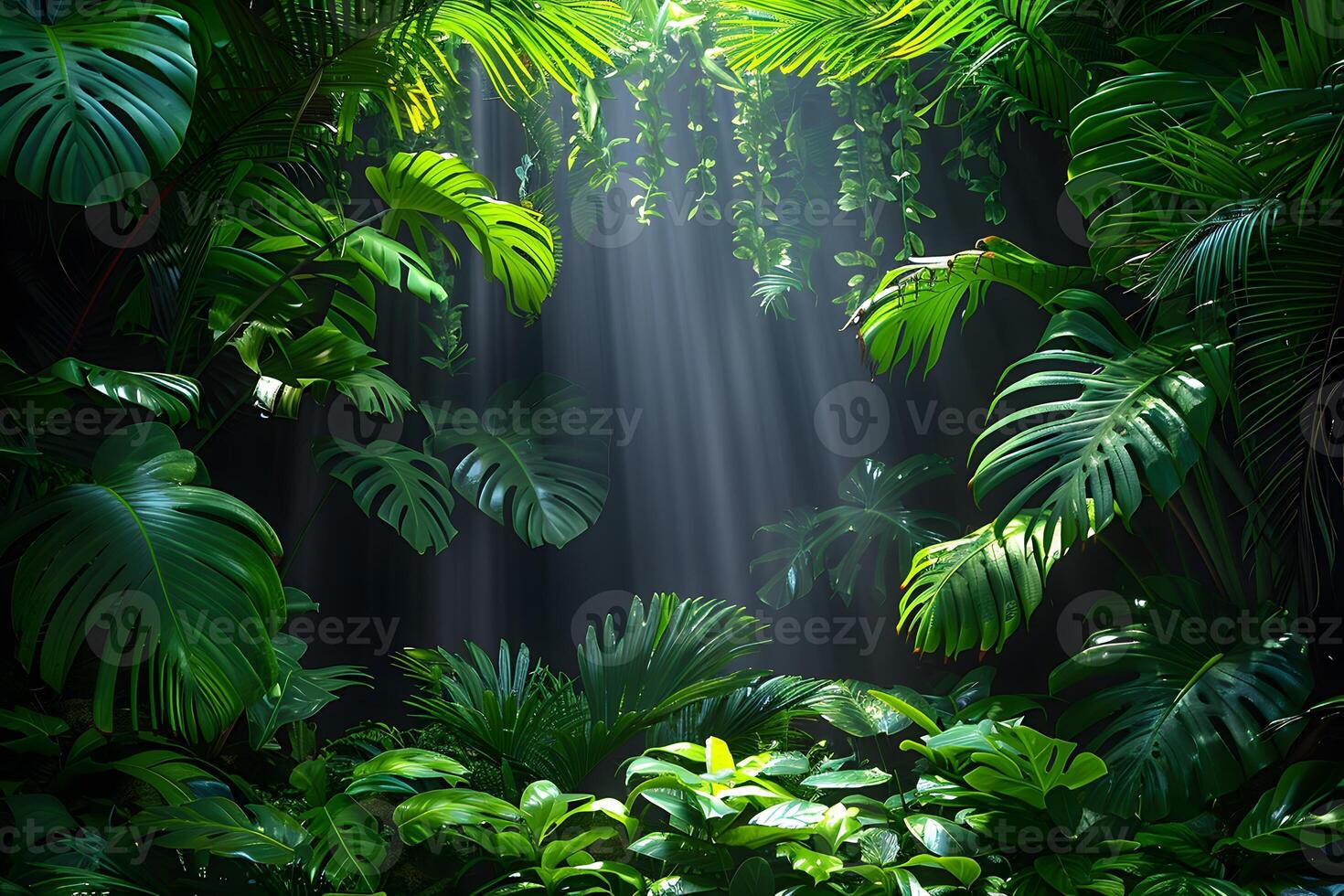Lush Tropical Jungle with Sunlight Filtering Through Dense Green Foliage for Nature and Adventure Themes photo
